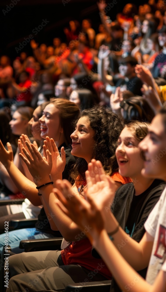 College Freshmen at a Talent Show Cheering and Clapping in a Supportive Audience Atmosphere College Freshmen at a Talent Show Cheering and Clapping in a Supportive Audience Atmosphere