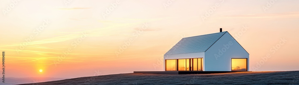A modern house on a hill, basking in the warm glow of a stunning sunset, creating a serene and tranquil atmosphere. A modern house on a hill, basking in the warm glow of a stunning sunset, creating a serene and tranquil atmosphere.