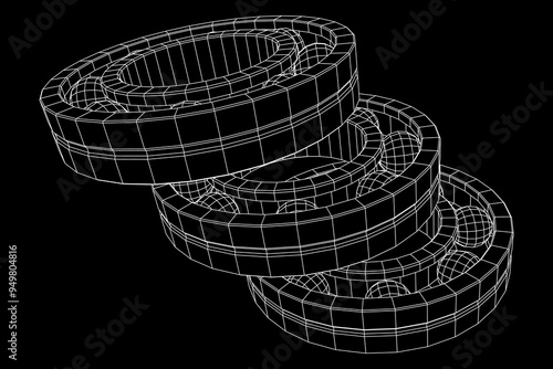 Roller bearing. Circular round rotating bearings used in industry for heavy equipment mechanical work and engineering. Wireframe low poly mesh vector illustration.