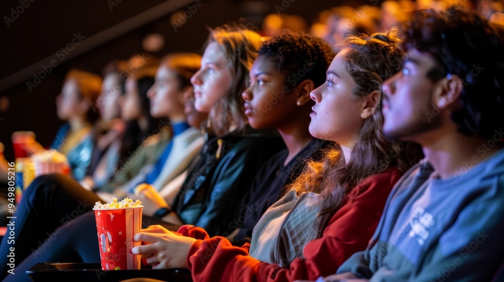 College Movie Night: Freshmen Students Enjoying Film Screening with Popcorn in Auditorium College Movie Night: Freshmen Students Enjoying Film Screening with Popcorn in Auditorium