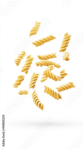 An image of raw Fusilli, Rotini, and uncooked Italian pasta falling on a white background, with full depth of field