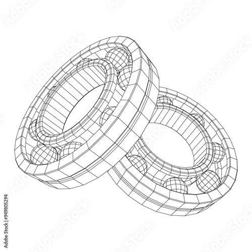 Roller bearing. Circular round rotating bearings used in industry for heavy equipment mechanical work and engineering. Wireframe low poly mesh vector illustration. photo