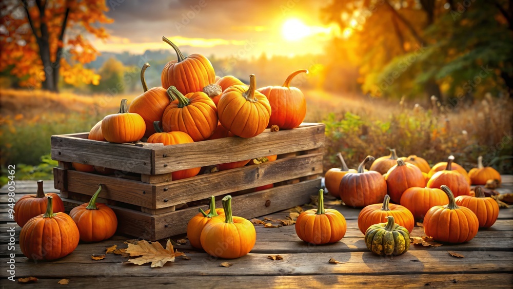 whimsical golden hour still life of vibrant orange pumpkins spilling out of vintage flat Railway Sleeper wooden crates on rustic weathered wooden planks whimsical golden hour still life of vibrant orange pumpkins spilling out of vintage flat Railway Sleeper wooden crates on rustic weathered wooden planks