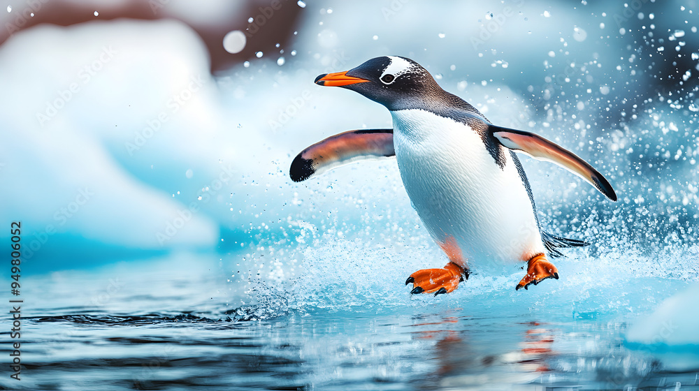 Obraz premium Playful Penguin Leaping Out of Frozen Antarctic Ocean