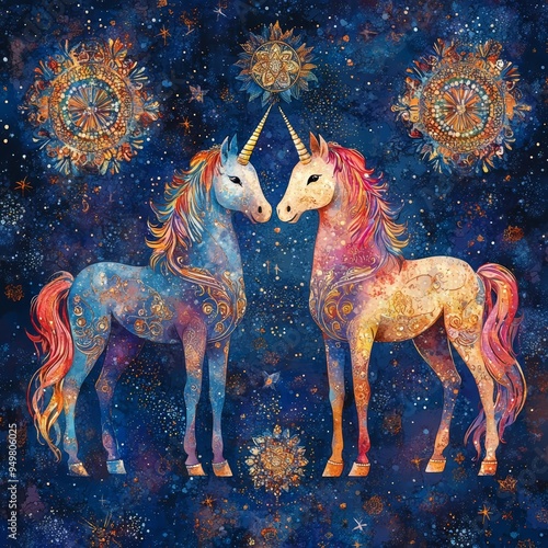 Enchanting unicorns adorned with cosmic patterns against a celestial backdrop, embodying magic and whimsy in vibrant colors.