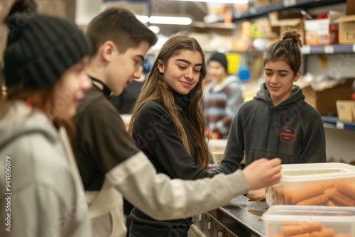 Young Volunteers in a Community Food Drive, Interacting and Serving with Compassion