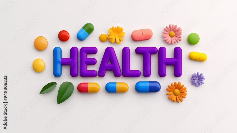 Colorful Medication and Natural Elements Spelling HEALTH Concept Colorful Medication and Natural Elements Spelling HEALTH Concept