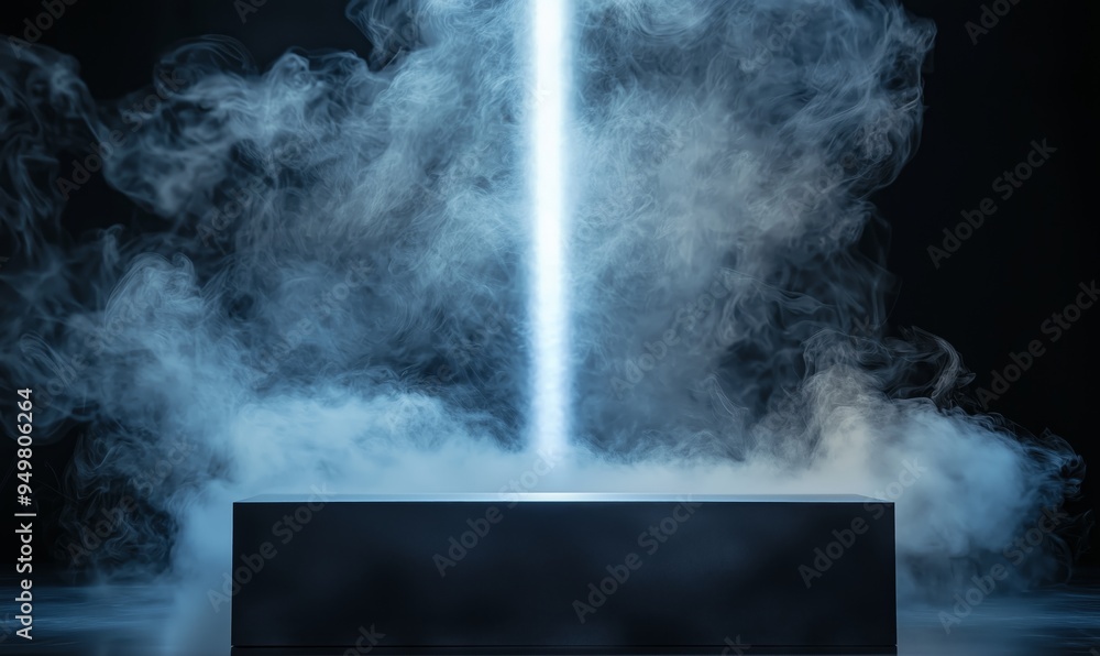 A photo of a sleek black podium enveloped in white smoke, highlighted by a single beam of light A photo of a sleek black podium enveloped in white smoke, highlighted by a single beam of light