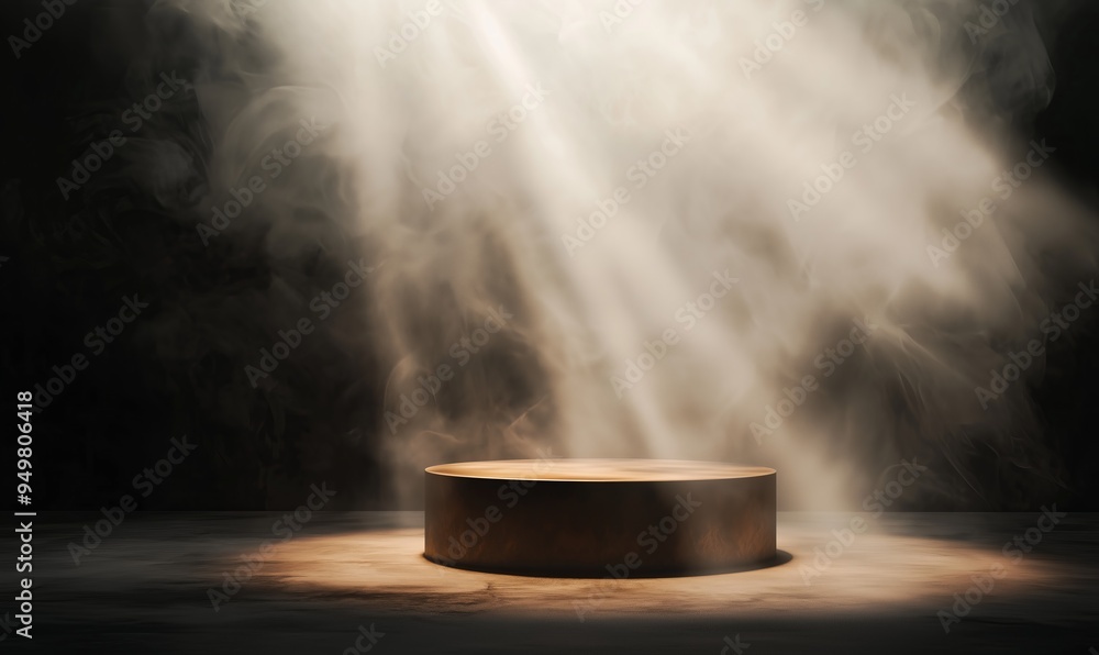 A photo of a modern empty podium surrounded by white smoke, with a single beam of warm light creating a spotlight effect A photo of a modern empty podium surrounded by white smoke, with a single beam of warm light creating a spotlight effect