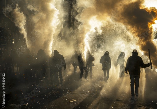 People Silhouettes in a Cloud of Smoke