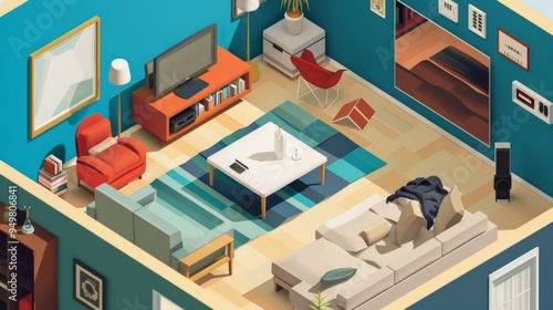 Isometric view of a modern living room with furniture, a TV and a rug.