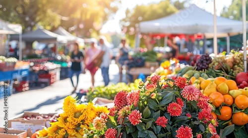 A wide shot of a vibrant farmers market on a sunny Saturday morning