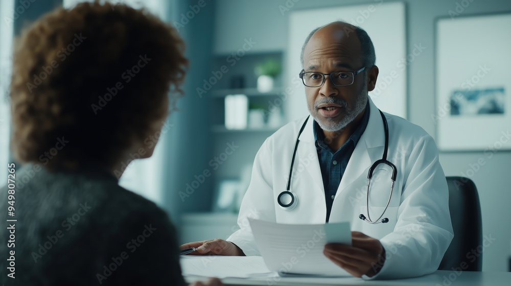 A doctor is talking to a woman in a medical office. The woman is holding a piece of paper A doctor is talking to a woman in a medical office. The woman is holding a piece of paper