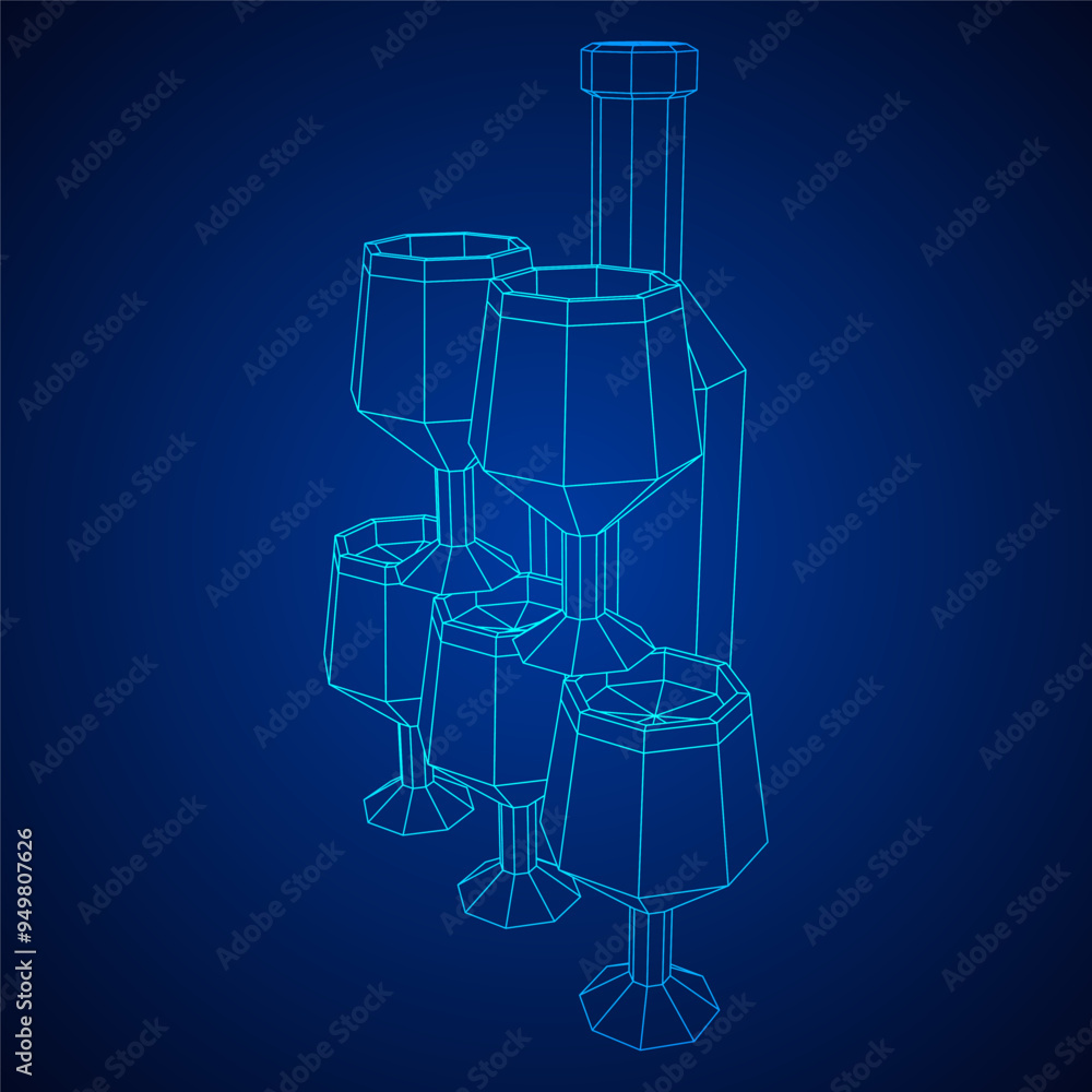 Wine bottle with wine glass. Wireframe low poly mesh vector illustration Wine bottle with wine glass. Wireframe low poly mesh vector illustration