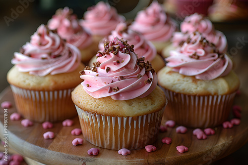 a group of cupcakes on a wooden cake stand. The cupcakes are light brown in color and have a light dusting of pink frosting on top