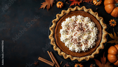 Pumpkin Pie with Whipped Cream and Autumnal Decorations
