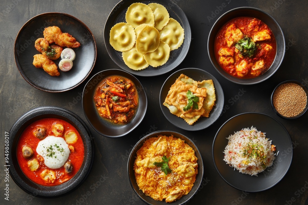 Traditional dishes from different cultures beautifully displayed on a table, highlighting their distinctive flavors and presentation. Traditional dishes from different cultures beautifully displayed on a table, highlighting their distinctive flavors and presentation.