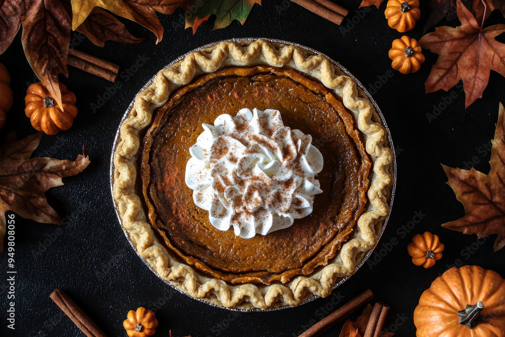 Pumpkin Pie with Whipped Cream and Cinnamon on a Black Background with Fall Decorations Pumpkin Pie with Whipped Cream and Cinnamon on a Black Background with Fall Decorations