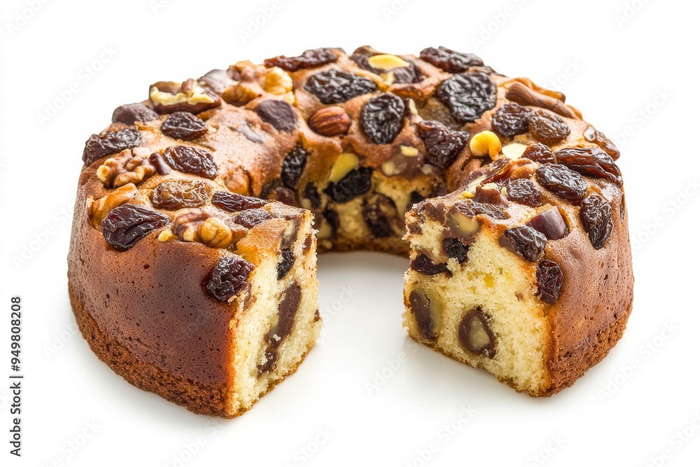 Buccellato, A Sicilian ring-shaped cake filled with dried fruits, nuts, and chocolate, often enjoyed during Christmas. Isolated on White Background Buccellato, A Sicilian ring-shaped cake filled with dried fruits, nuts, and chocolate, often enjoyed during Christmas. Isolated on White Background