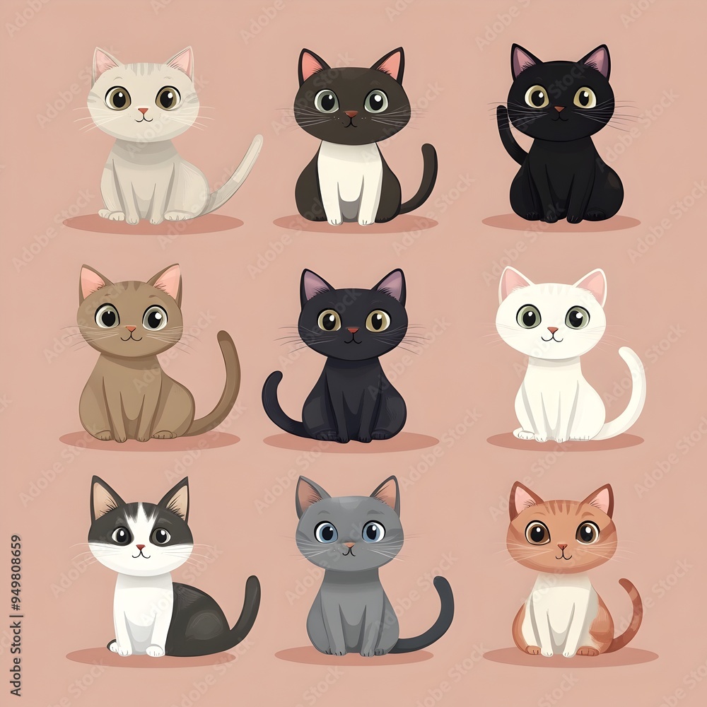 Collection of Colorful Cartoon Style Cats in Muted Rose Background Collection of Colorful Cartoon Style Cats in Muted Rose Background
