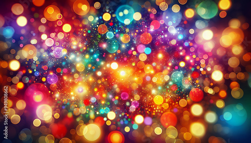 A vibrant array of multicolored bokeh lights with a soft focus that creates a festive or celebratory atmosphere.