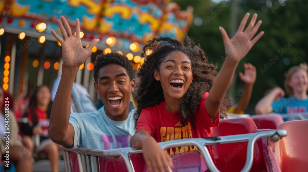 Naklejka premium Joyful High School Graduates Celebrating College Admissions at Vibrant Local Carnival