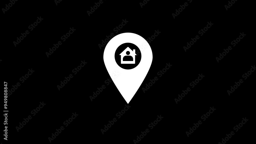 Map pointer with house icon animation on black background. Home location marker symbol. Map pointer with house icon animation on black background. Home location marker symbol.