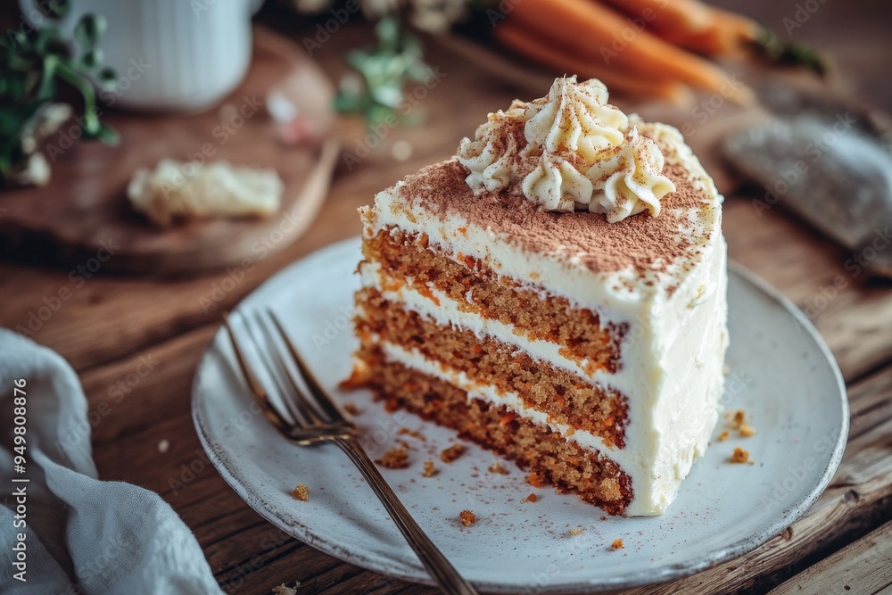 Carrot Cake, A moist cake made with grated carrots, often spiced with cinnamon and topped with cream cheese frosting. Carrot Cake, A moist cake made with grated carrots, often spiced with cinnamon and topped with cream cheese frosting.