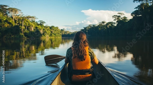 Fototapeta Naklejka Na Ścianę i Meble -  A female explorer navigates the Amazon River in a canoe.