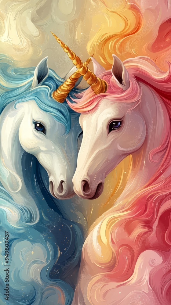 Two whimsical unicorns with vibrant manes in soft pastel colors, showcasing magic and beauty in a dreamy landscape. Two whimsical unicorns with vibrant manes in soft pastel colors, showcasing magic and beauty in a dreamy landscape.