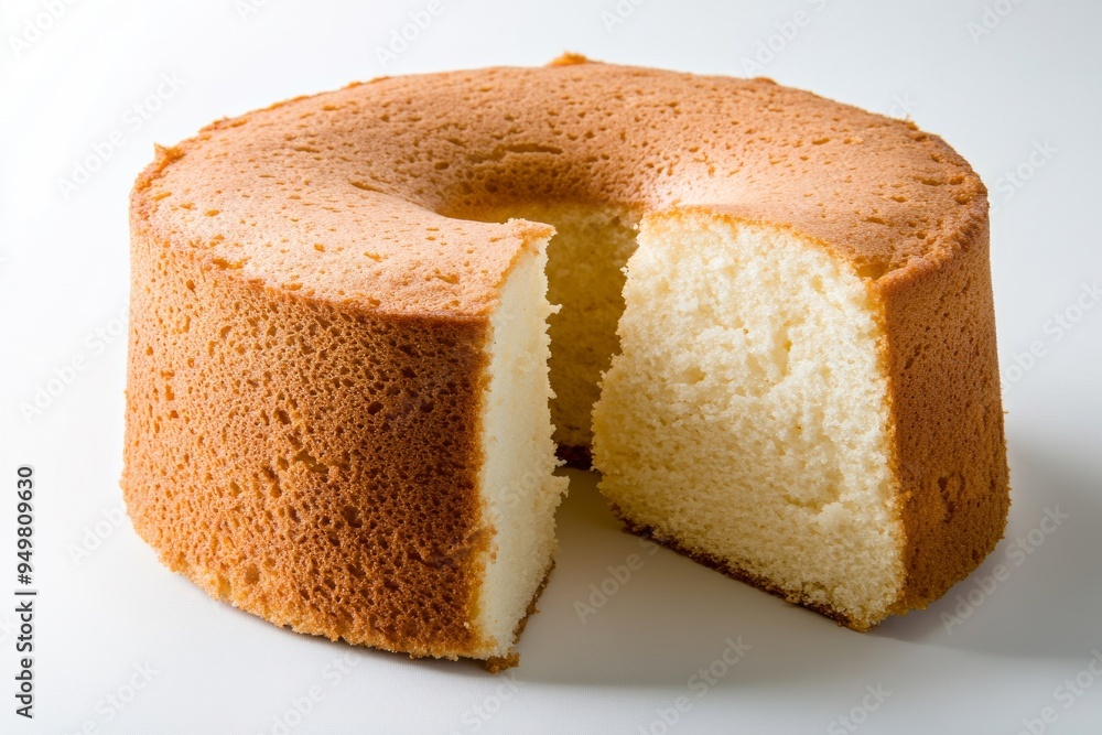 Chiffon Cake, A light, airy cake made with vegetable oil and beaten egg whites, popular in the US and Asia. Isolated on White Background Chiffon Cake, A light, airy cake made with vegetable oil and beaten egg whites, popular in the US and Asia. Isolated on White Background
