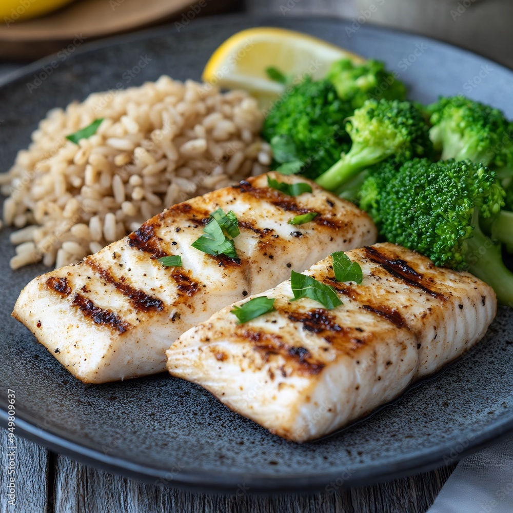 Plate of grilled fish with a side of steamed broccoli and brown rice Plate of grilled fish with a side of steamed broccoli and brown rice