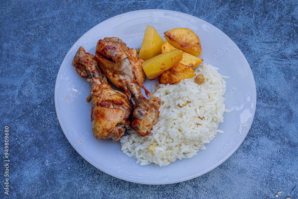 oven-fried chicken legs, french fries and rice pilaf.