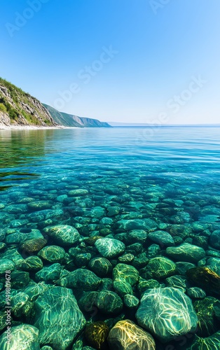 Smooth river rocks in clear shallow water. photo