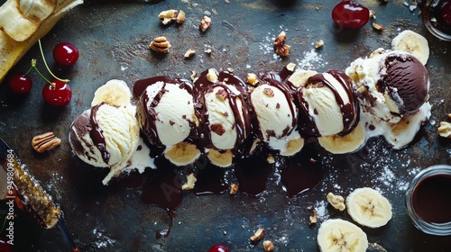 A decadent banana split with scoops of ice cream, chocolate and caramel sauce, a classic indulgence