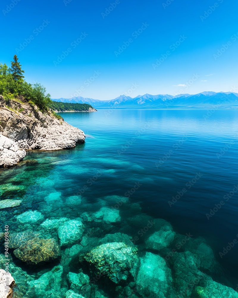Clear turquoise water and rocky shoreline with distant mountains under a blue sky. Clear turquoise water and rocky shoreline with distant mountains under a blue sky.