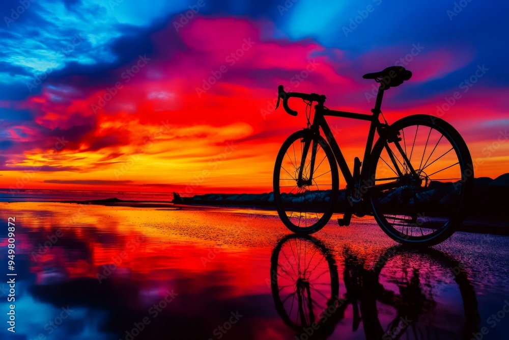 Fototapeta premium Vibrant Sunset Silhouette of Bicycle on Coastal Shoreline