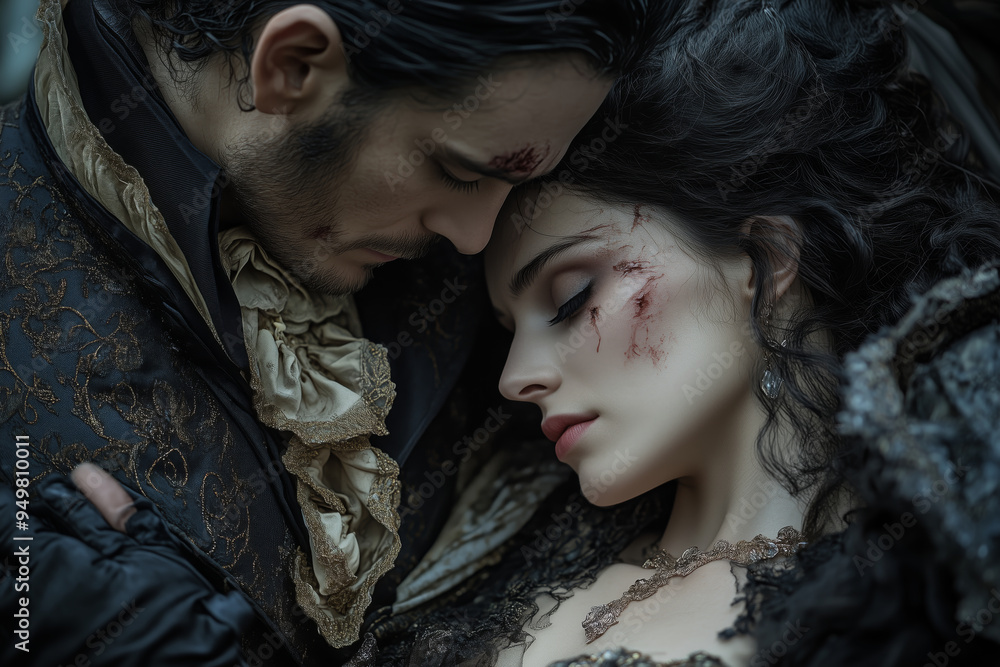 Dracula offers solace to the wounded in a hauntingly beautiful forest at dusk, embodying compassion amid darkness Dracula offers solace to the wounded in a hauntingly beautiful forest at dusk, embodying compassion amid darkness