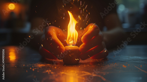 Hands cupping a fiery candle flame, sparks flying. Concept of warmth, protection, and spiritual illumination.