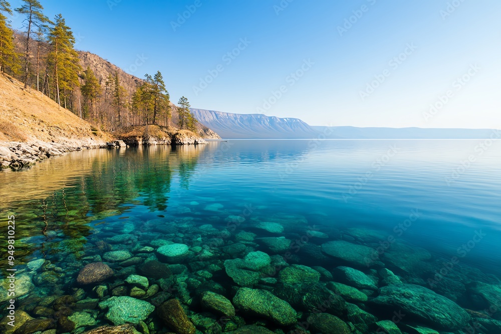 Lone tree on a cliff overlooking a vast blue lake. Lone tree on a cliff overlooking a vast blue lake.