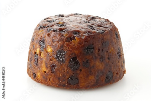 Christmas Pudding, A traditional British steamed cake made with dried fruits, suet, and spices, often served with brandy sauce. Isolated on White Background