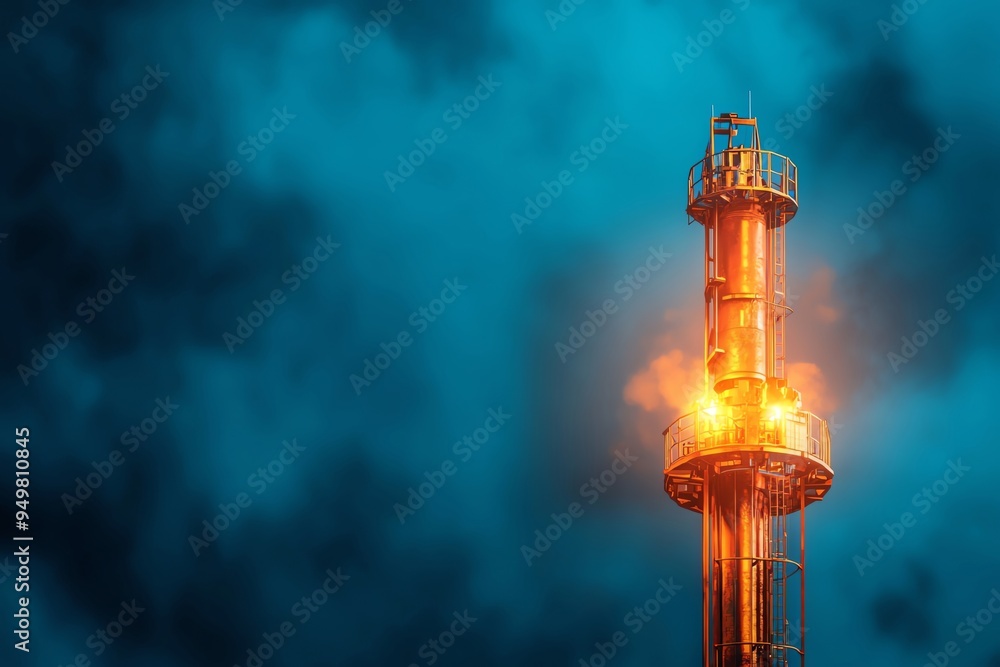 A dramatic close-up of a glowing industrial smokestack towering against a moody blue sky, showcasing energy and pollution.