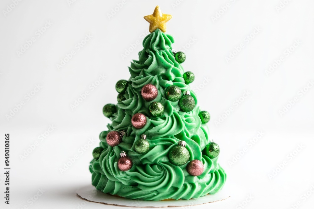 Christmas Tree Cake, A whimsical cake shaped like a Christmas tree, often decorated with green frosting and edible ornaments. Isolated on White Background Christmas Tree Cake, A whimsical cake shaped like a Christmas tree, often decorated with green frosting and edible ornaments. Isolated on White Background