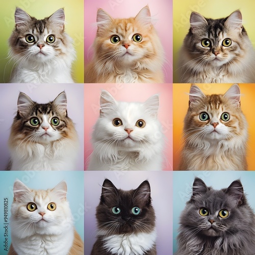 Diverse Worldwide Types of Cats in Pastel Rainbow Magazine Style Studio Portraits photo