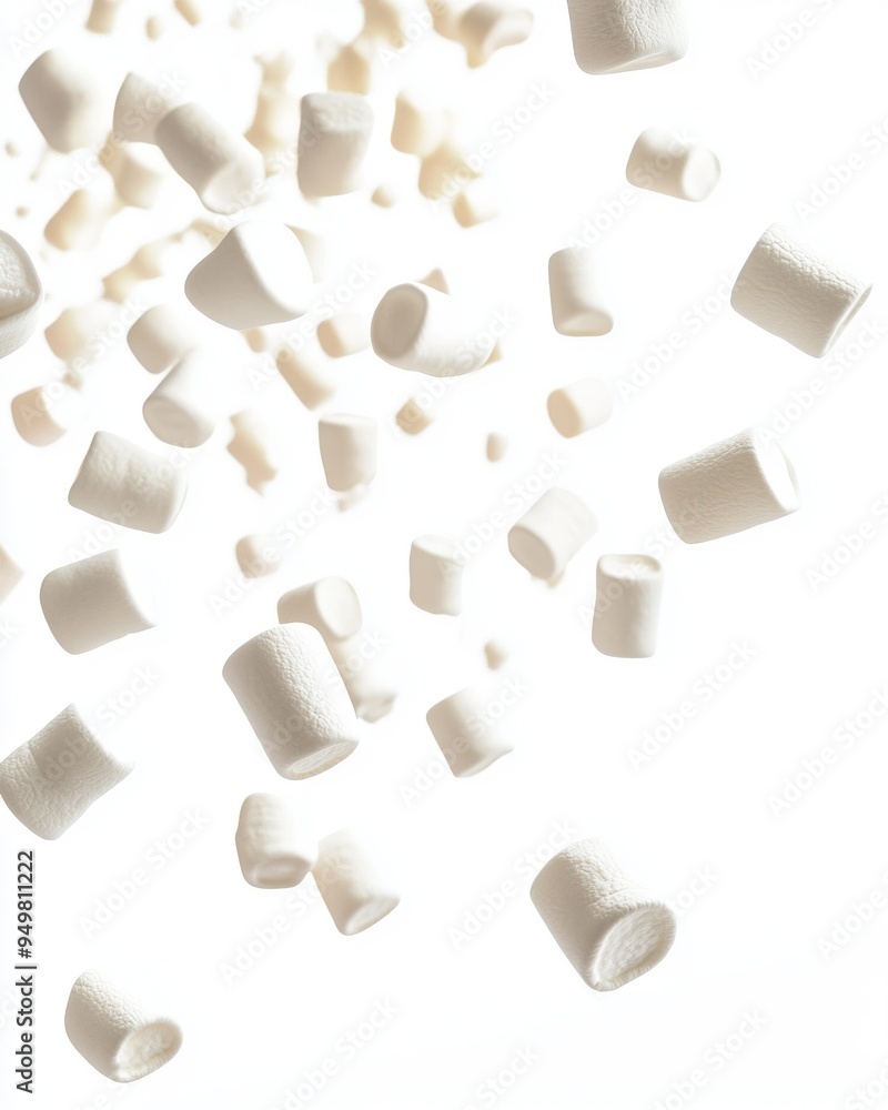 The falling marshmallow is isolated on a white background, clips are used to create a path, and the depth of field is full The falling marshmallow is isolated on a white background, clips are used to create a path, and the depth of field is full