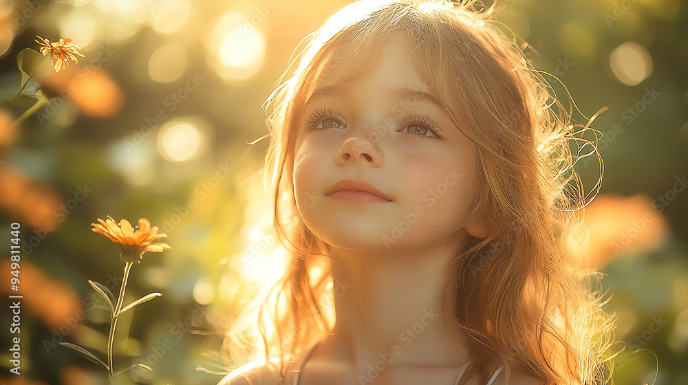 Fototapeta premium A serene portrait of a young girl enjoying nature, surrounded by flowers in a golden sunset glow highlighting her innocence.