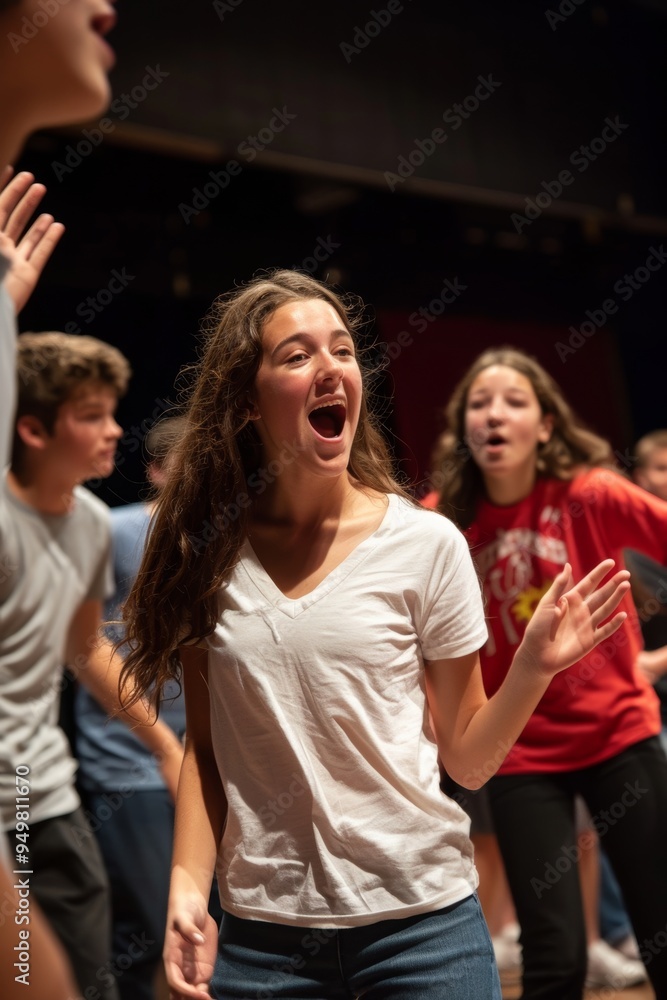 Fototapeta premium Freshmen Students in Theater Improv Workshop Performing Creative Scenes on Stage