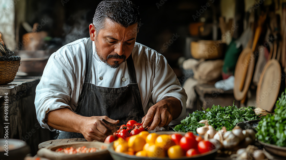 A skilled chef carefully prepares fresh ingredients in a rustic kitchen, showcasing culinary talent and passion for cooking. A skilled chef carefully prepares fresh ingredients in a rustic kitchen, showcasing culinary talent and passion for cooking.