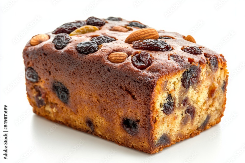 Fruitcake, A dense, rich cake filled with dried fruits, nuts, and often soaked in alcohol, commonly enjoyed during Christmas. Isolated on White Background Fruitcake, A dense, rich cake filled with dried fruits, nuts, and often soaked in alcohol, commonly enjoyed during Christmas. Isolated on White Background