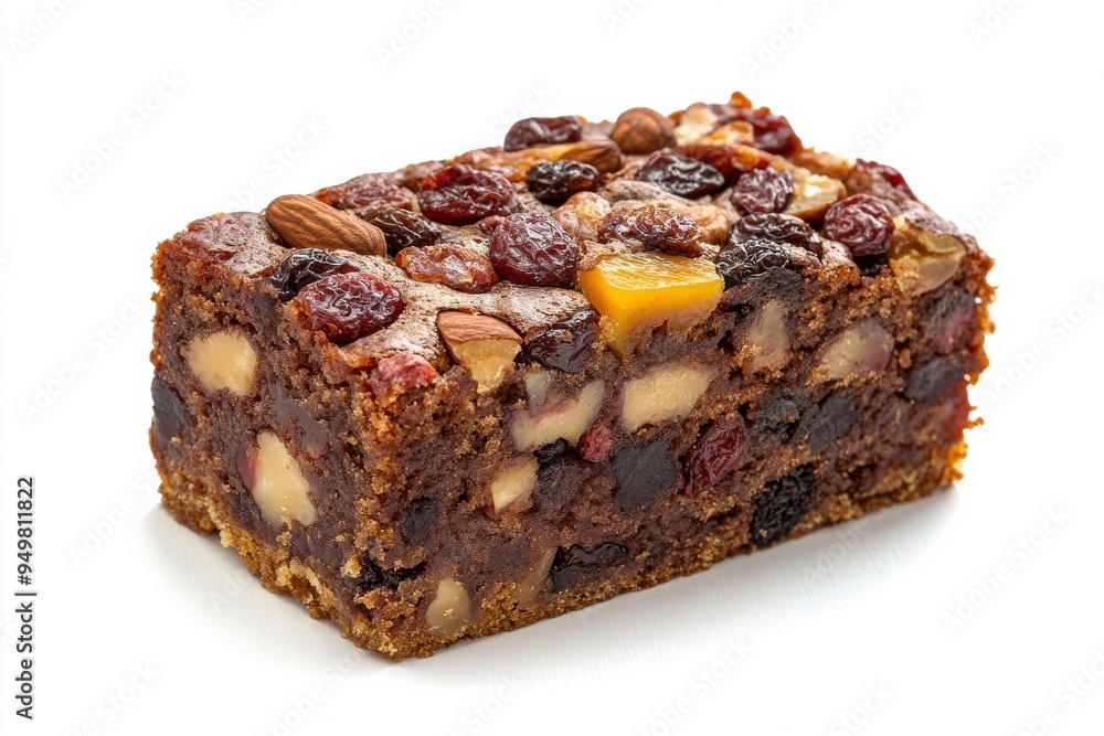 Fruitcake, A dense, rich cake filled with dried fruits, nuts, and often soaked in alcohol, commonly enjoyed during Christmas. Isolated on White Background Fruitcake, A dense, rich cake filled with dried fruits, nuts, and often soaked in alcohol, commonly enjoyed during Christmas. Isolated on White Background